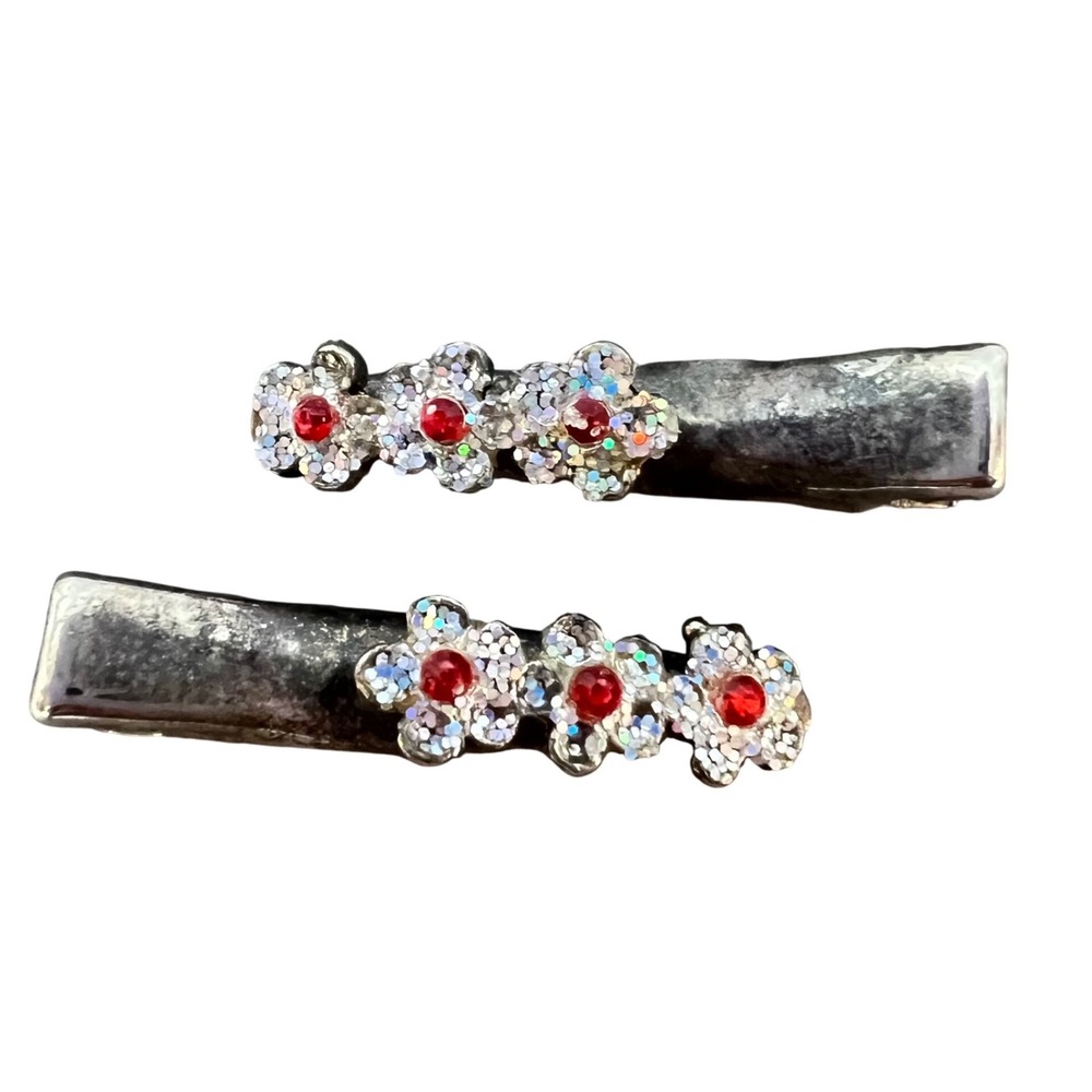 Vintage 90s Silver Tone Flower Hair Clips Red Rhinestone Glitter Pair